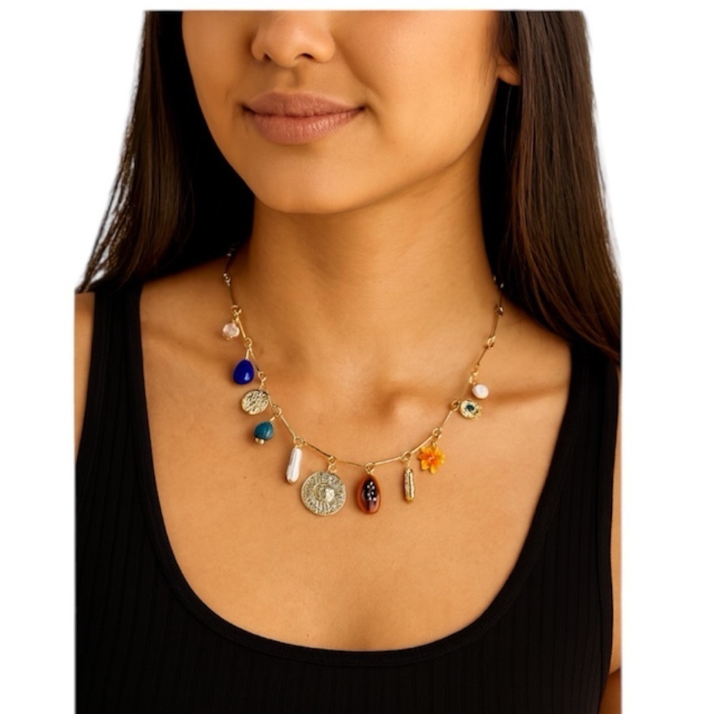 NWOT Boutique Boho Multi-Charm Gold Chain Necklace